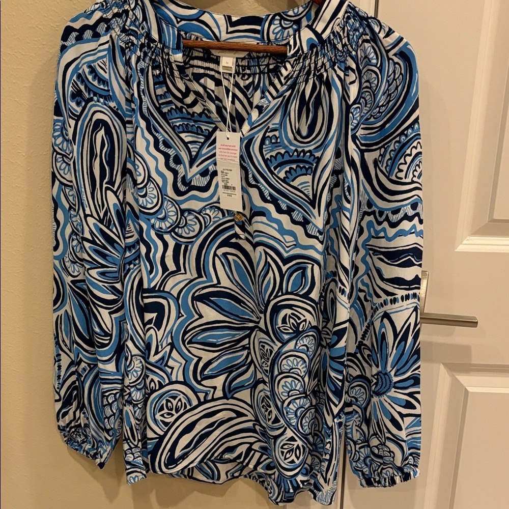 Silk Blue and White Patterned Blouse